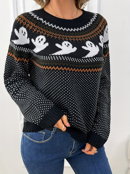Womens Halloween Ghost Pattern Sweater - Fashionable Long Sleeves, Cozy Crew Neck, Timeless Vintage Style - Premium Autumn/Winter Clothing