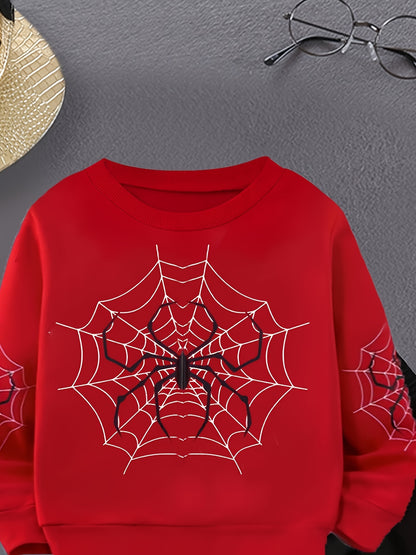 2pcs Boys Cartoon Spider Web Print Creative Long Sleeve Sweatshirt & Pants Sets, Kids Clothes Outdoor