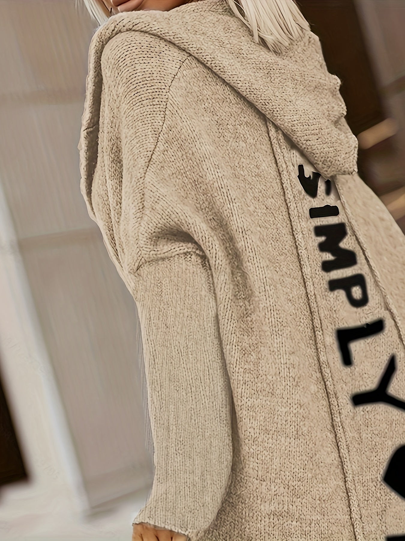 100% Polyester Long Sleeve V-Neck Hooded Knit Cardigan - Women's Casual Sweater with Pocket - Alphabet Pattern Fall/Winter Clothing