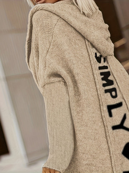 100% Polyester Long Sleeve V-Neck Hooded Knit Cardigan - Women's Casual Sweater with Pocket - Alphabet Pattern Fall/Winter Clothing
