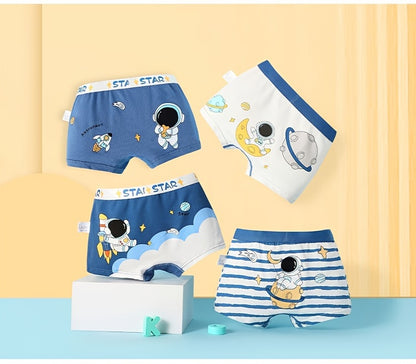 4pcs Kid & Teen Boy's Cotton Boxer Briefs, Cute Cartoon Astronaut Pattern Print Shorts, Comfy Breathable Soft Underwear, Kids Clothes Suitable For All Seasons