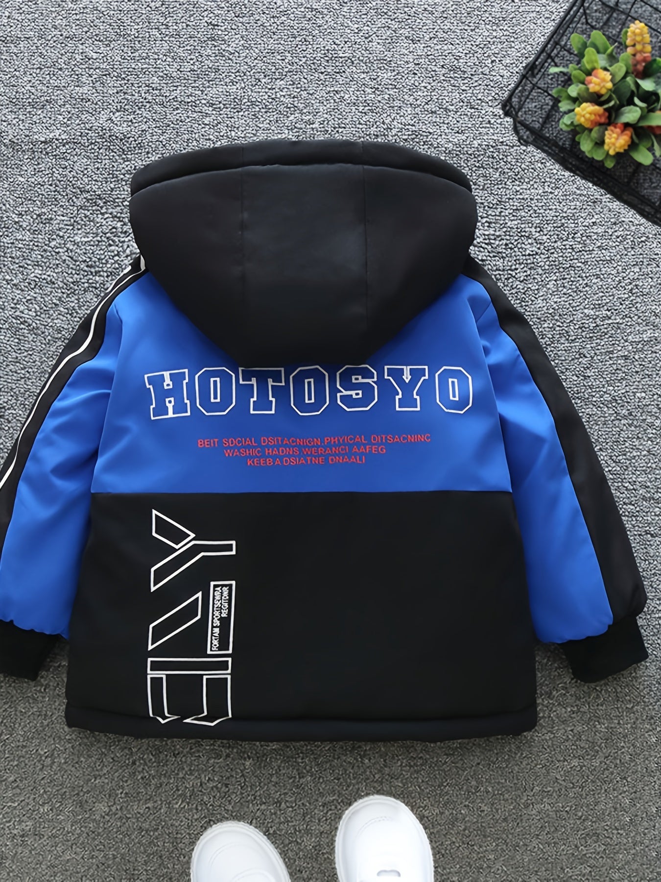 Boys Fashionable Letter Print Color Block Fleece Lining Hooded Jacket With Pockets, Long Sleeve Zip Up Jacket, Kids Clothes For Fall Winter Outdoor