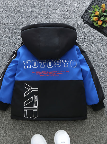 Boys Fashionable Letter Print Color Block Fleece Lining Hooded Jacket With Pockets, Long Sleeve Zip Up Jacket, Kids Clothes For Fall Winter Outdoor