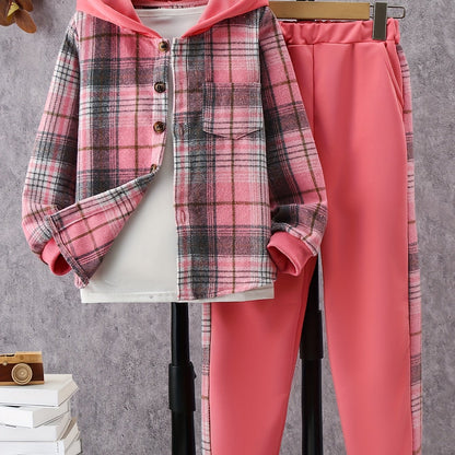 Trendy Girls' 2pcs Outfits, Plaid Hooded Shirt & Jogger Pants with Pocket, Comfy Sets Kids Clothes for Fall Sports