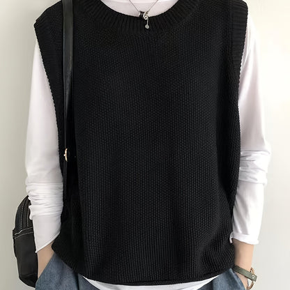 Women's Casual Solid Crew Neck Knitted Sleeveless Loose Fit Vest Sweater, Soft and Cozy Winter Clothing