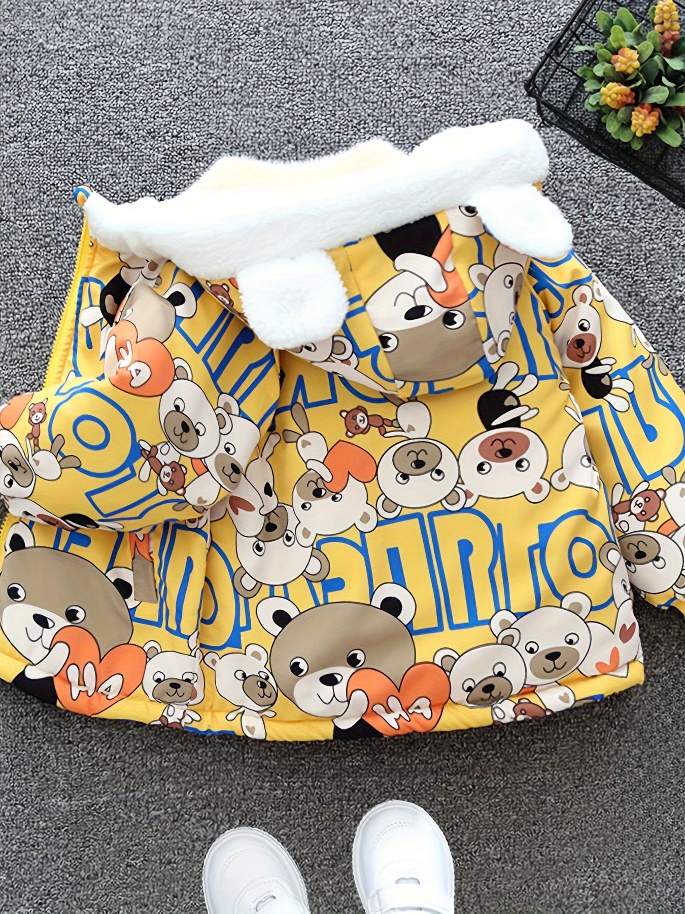 Boys Cartoon Bear Full Print Fleece Lining Hooded Jacket, Long Sleeve Zip Up Warm Jacket, Kids' Clothes For Spring Fall Winter Outdoor