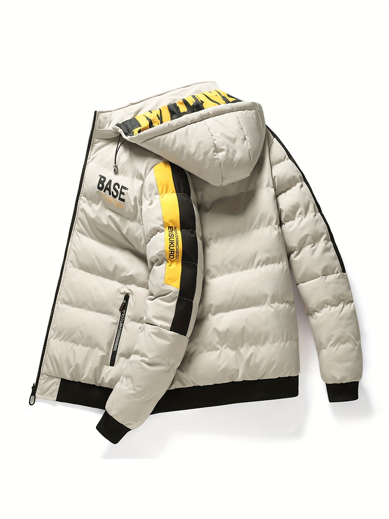 Men's Dual-Sided Winter Jacket - Warm Fleece-Lined, Casual Hooded Outerwear with Zipper Pockets, Beige and Black Camouflage Detail, Polyester, Winter Clothes
