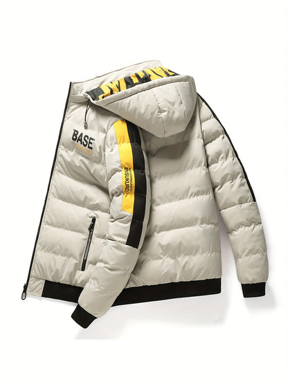 Men's Dual-Sided Winter Jacket - Warm Fleece-Lined, Casual Hooded Outerwear with Zipper Pockets, Beige and Black Camouflage Detail, Polyester, Winter Clothes