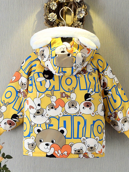 Boys Cartoon Bear Full Print Fleece Lining Hooded Jacket, Long Sleeve Zip Up Warm Jacket, Kids' Clothes For Spring Fall Winter Outdoor