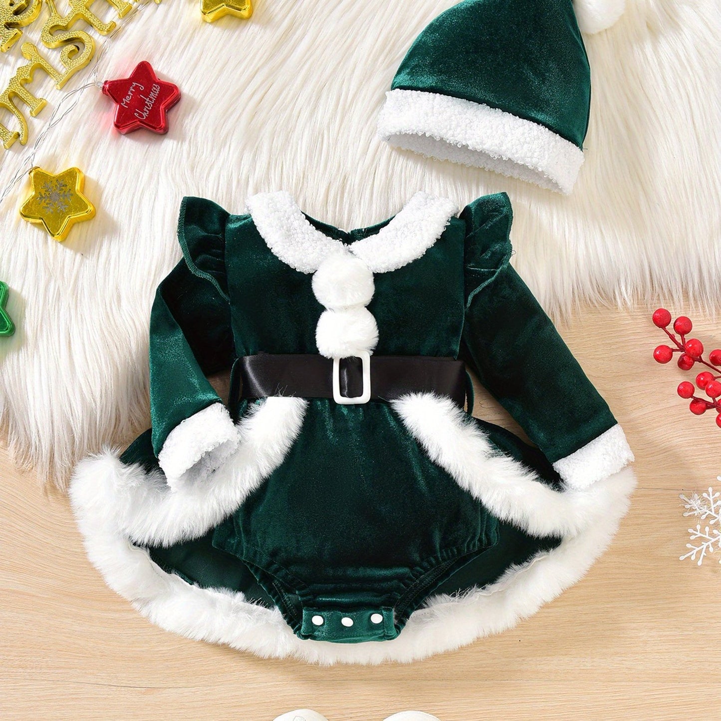 2pcs Set Baby Girls' Soft Plush Patchwork Christmas Romper Dress & Hat Set - Blue & White Winter Outfit with Ruffled Sleeves, Snap Closure Jumpsuit, Machine Washable Winter Clothes for &, Festive Outfit for Christmas Photos &