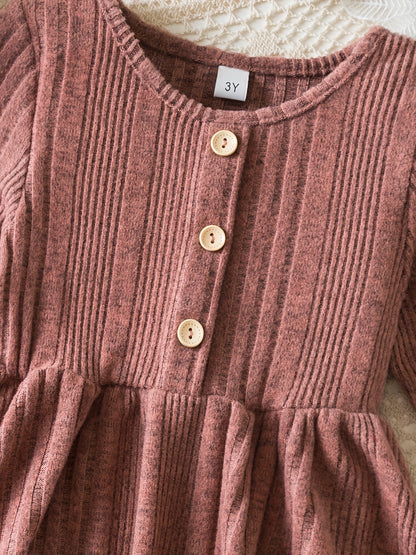 Toddler Girl Long Sleeve Knit Dress For Baby Girls Casual Kids Clothes Soft Slight Stretch Fabric, Button Decor Pleated Hem Perfect For Autumn Winter Seasons