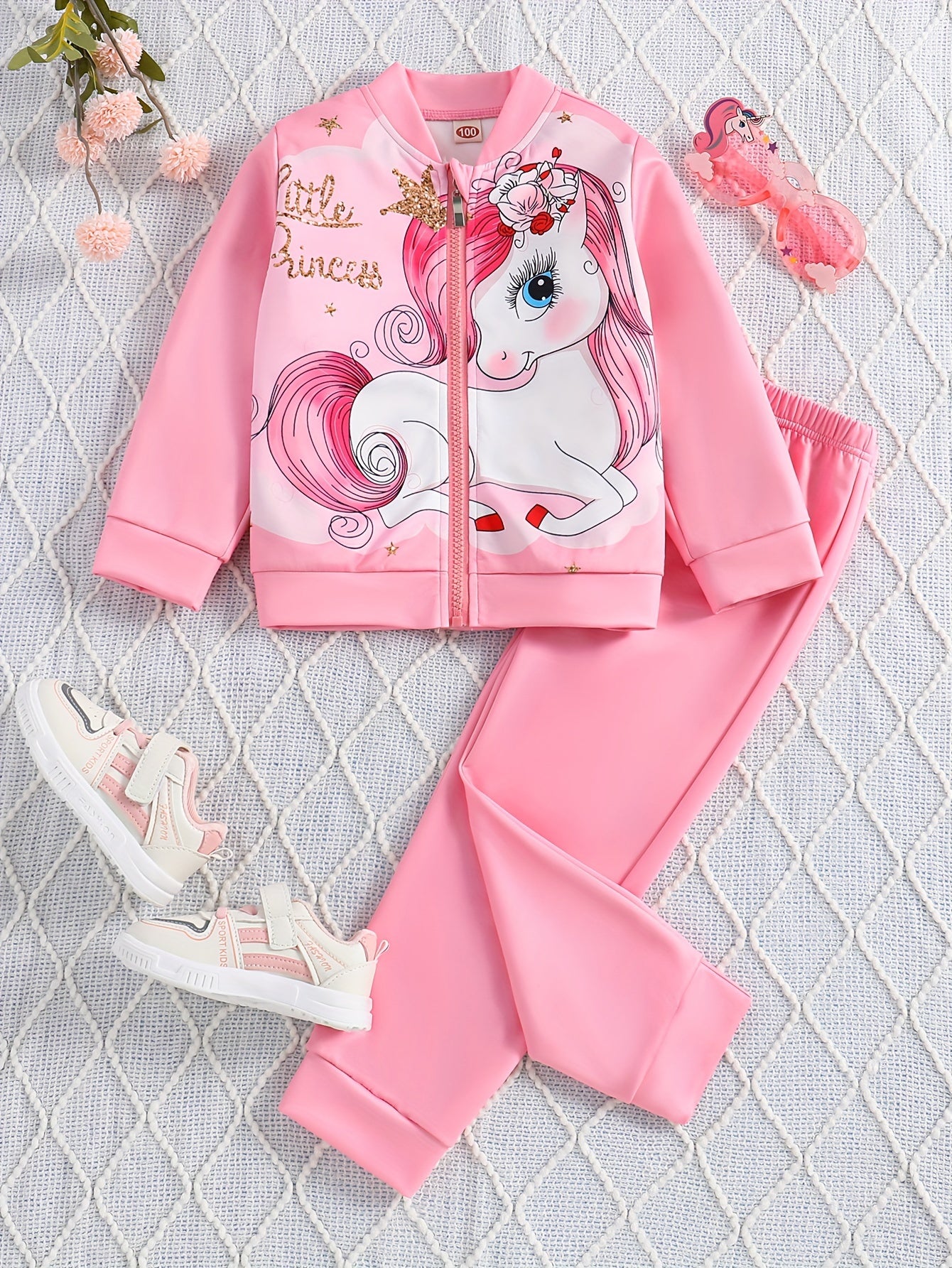 Cute Toddler Girls 2pc Lovely Unicorn Princess Graphic Zip Jacket + Jogger Pants Set Kids Clothes Spring Fall Gift