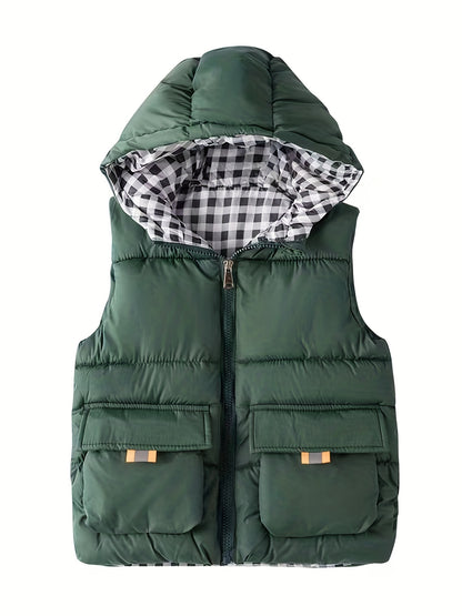 Youth Red Hooded Vest with Large Pockets - Warm Loose Fit Casual Jacket for Fall/Winter, Polyester Filled, Adjustable Hood, Perfect for Outdoor Play, Winter Clothing, Playful Design, Durable Fabric