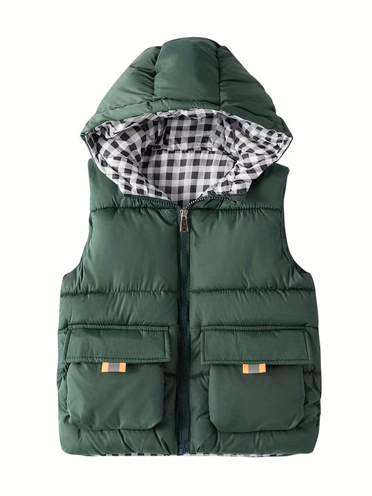Youth Red Hooded Vest with Large Pockets - Warm Loose Fit Casual Jacket for Fall/Winter, Polyester Filled, Adjustable Hood, Perfect for Outdoor Play, Winter Clothing, Playful Design, Durable Fabric