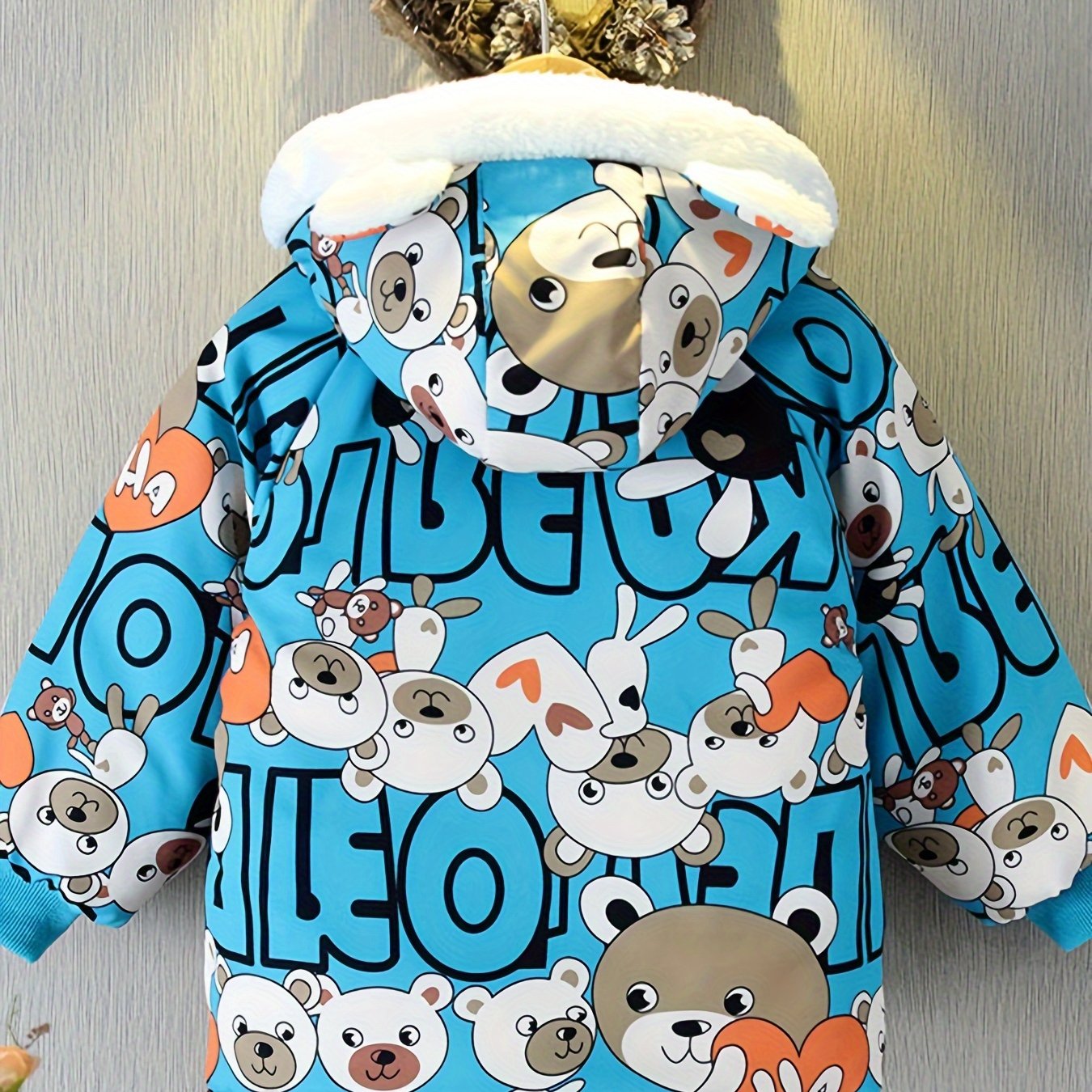 Boys Cartoon Bear Full Print Fleece Lining Hooded Jacket, Long Sleeve Zip Up Warm Jacket, Kids' Clothes For Spring Fall Winter Outdoor