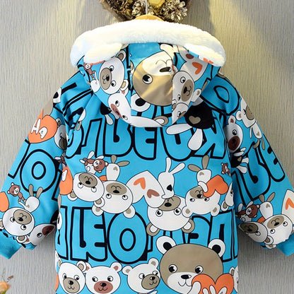 Boys Cartoon Bear Full Print Fleece Lining Hooded Jacket, Long Sleeve Zip Up Warm Jacket, Kids' Clothes For Spring Fall Winter Outdoor