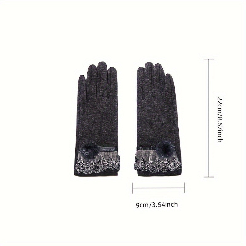 Elegant Women's Touchscreen Winter Gloves - Warm, Windproof Thick Polyester with Lace Cuff and Pom-Pom Detail, Perfect for Cold Weather Outdoor Activities, Winter Clothes