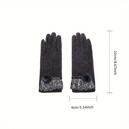 Elegant Women's Touchscreen Winter Gloves - Warm, Windproof Thick Polyester with Lace Cuff and Pom-Pom Detail, Perfect for Cold Weather Outdoor Activities, Winter Clothes