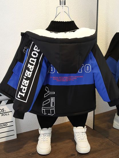 Boys Fashionable Letter Print Color Block Fleece Lining Hooded Jacket With Pockets, Long Sleeve Zip Up Jacket, Kids Clothes For Fall Winter Outdoor
