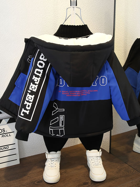 Boys Fashionable Letter Print Color Block Fleece Lining Hooded Jacket With Pockets, Long Sleeve Zip Up Jacket, Kids Clothes For Fall Winter Outdoor