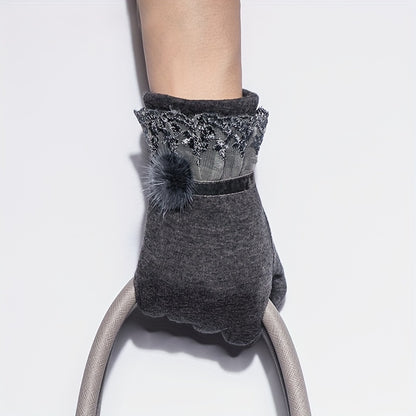 Elegant Women's Touchscreen Winter Gloves - Warm, Windproof Thick Polyester with Lace Cuff and Pom-Pom Detail, Perfect for Cold Weather Outdoor Activities, Winter Clothes