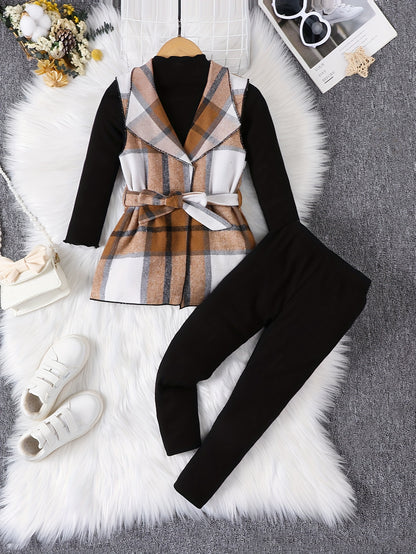 [Elegant | Girls] 3PCS Elegant Girls Outfits | Plaid Sleeveless Jacket + Pullover + Pants Set | Kids Clothes For Spring Fall Gift