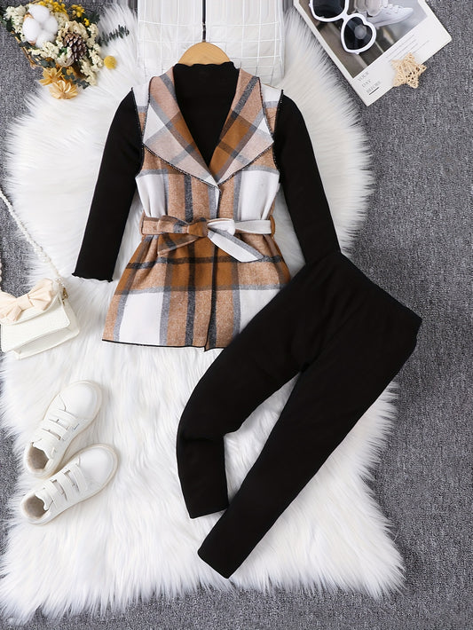 [Elegant | Girls] 3PCS Elegant Girls Outfits | Plaid Sleeveless Jacket + Pullover + Pants Set | Kids Clothes For Spring Fall Gift