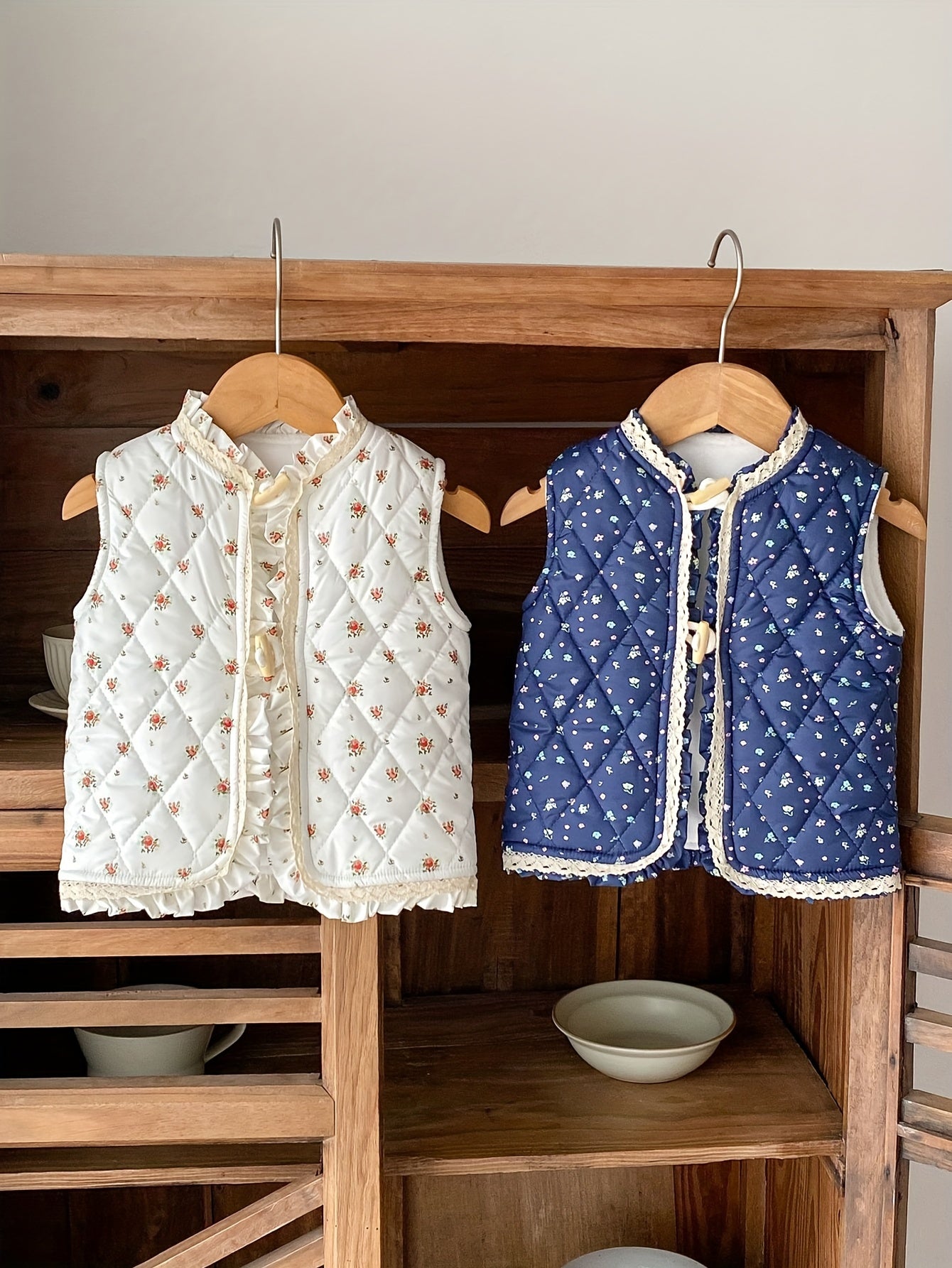 Unisex Winter Vest Jacket - Thick Warm Floral Print with Lace Trim & Cotton Padding, Sleeveless Button Front Closure, Navy Blue & White for &, Winter Clothes