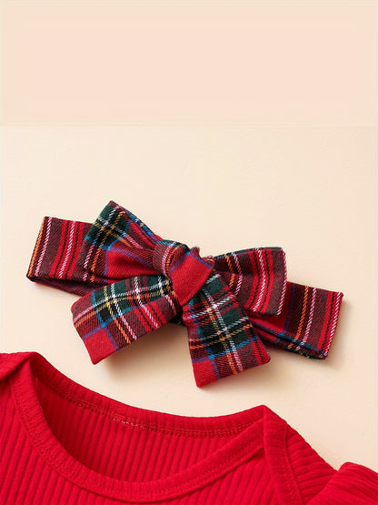 Baby Autumn and Winter Clothing Set Baby Girls 0-18 Months Romper and Plaid Strap Skirt and Headband