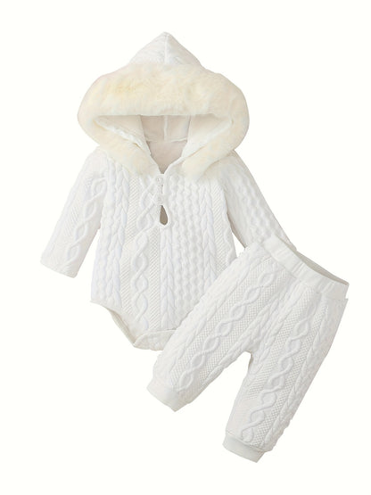 Baby Winter Clothing Set, Baby Girl Hooded Long-Sleeved Jumpsuit + Long Pants Two-Piece Set, for Outdoor