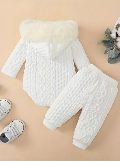 Baby Winter Clothing Set, Baby Girl Hooded Long-Sleeved Jumpsuit + Long Pants Two-Piece Set, for Outdoor