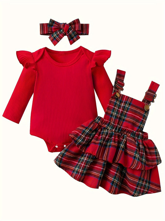 Baby Autumn and Winter Clothing Set Baby Girls 0-18 Months Romper and Plaid Strap Skirt and Headband
