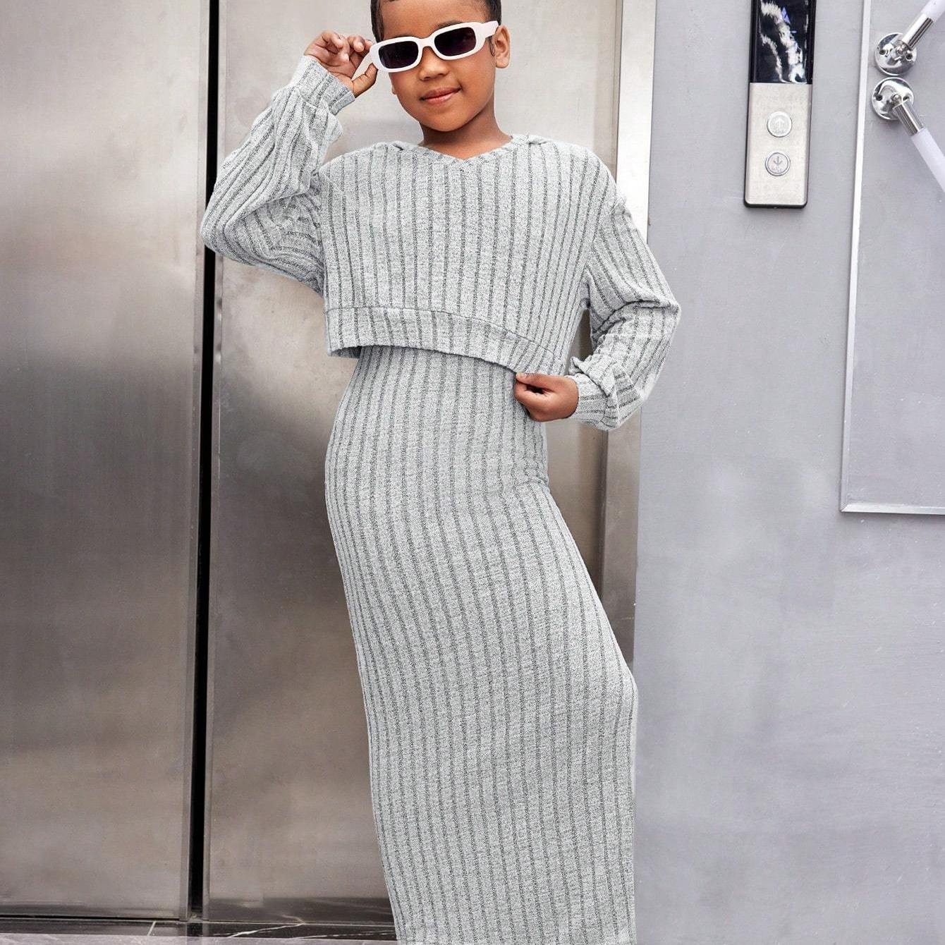 Tween Fashion Casual Versatile Velvet Ribbed V-Neck Hooded Loose Crop Top & Fitted Long Dress 2pcs Set, Perfect for: Young Teens, Style: Fashion, Season: Fall/Winter, Fall Winter Clothing, Stylish Outfit, Trendy Fashion, Qual