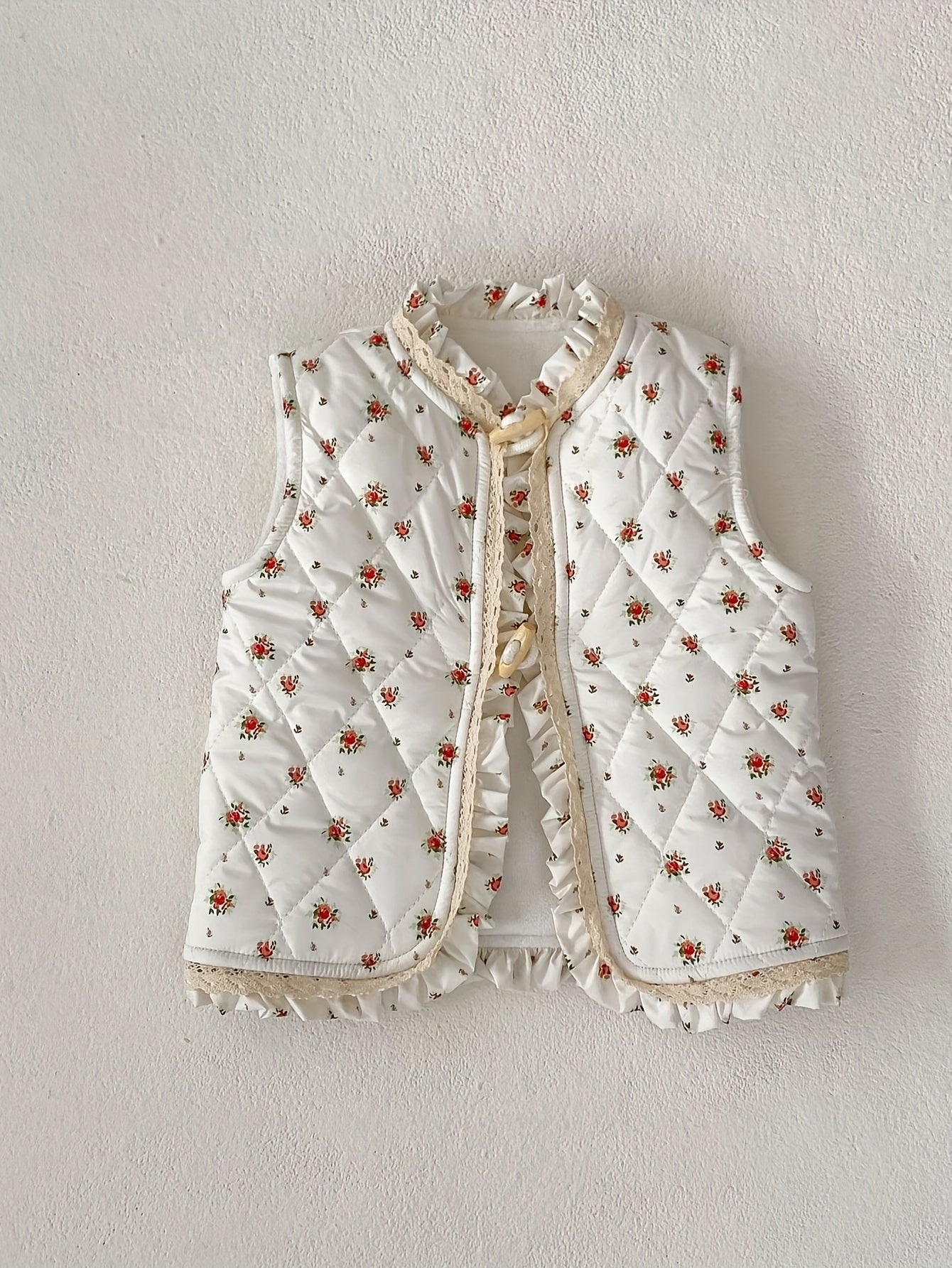 Unisex Winter Vest Jacket - Thick Warm Floral Print with Lace Trim & Cotton Padding, Sleeveless Button Front Closure, Navy Blue & White for &, Winter Clothes
