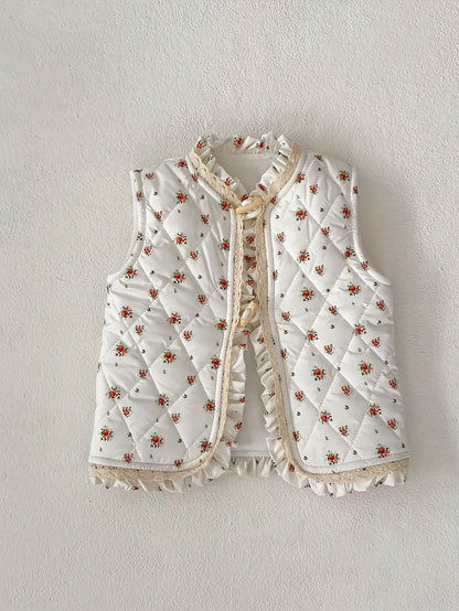 Unisex Winter Vest Jacket - Thick Warm Floral Print with Lace Trim & Cotton Padding, Sleeveless Button Front Closure, Navy Blue & White for &, Winter Clothes