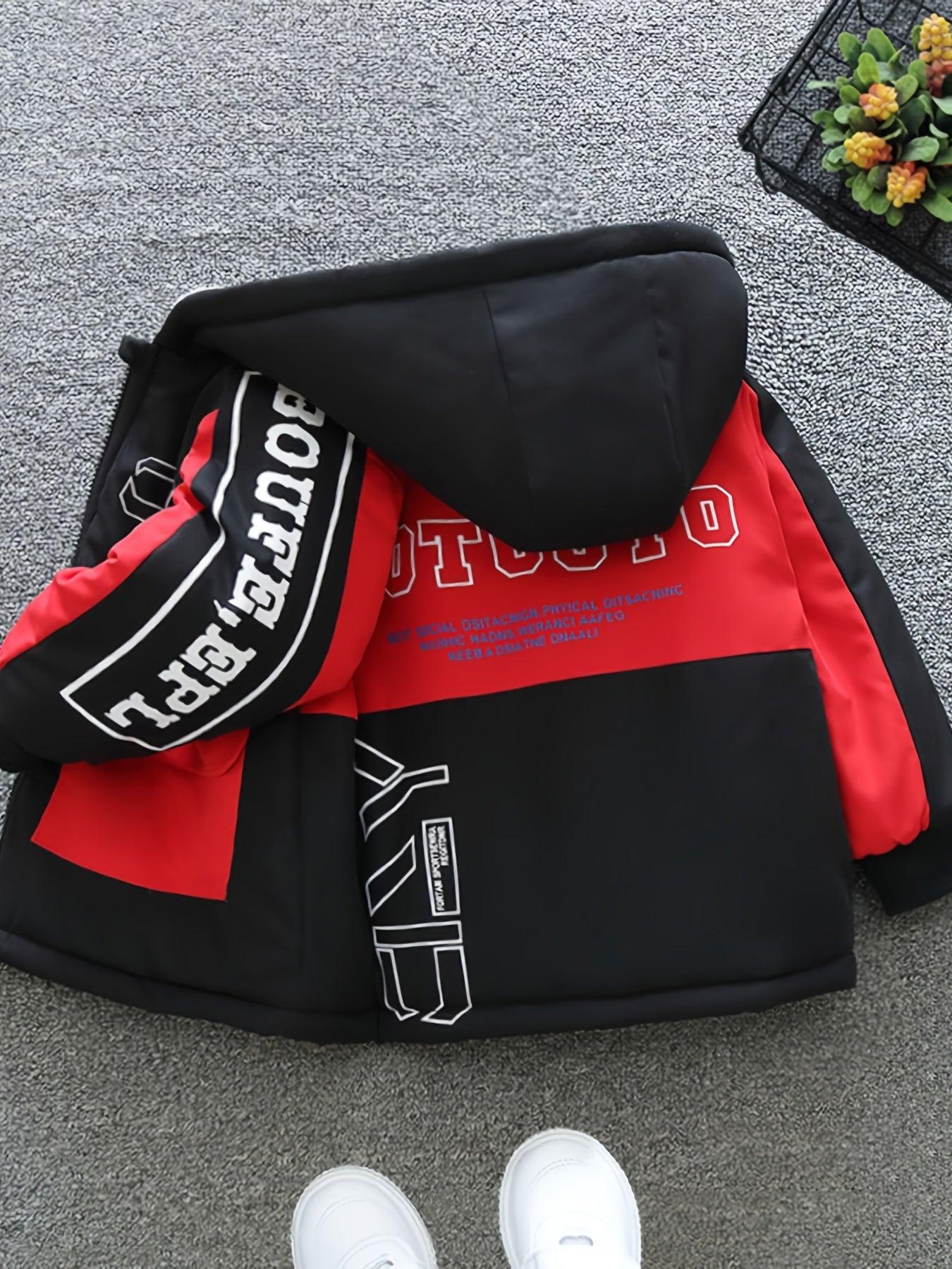 Boys Fashionable Letter Print Color Block Fleece Lining Hooded Jacket With Pockets, Long Sleeve Zip Up Jacket, Kids Clothes For Fall Winter Outdoor
