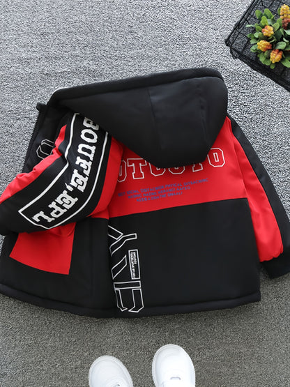 Boys Fashionable Letter Print Color Block Fleece Lining Hooded Jacket With Pockets, Long Sleeve Zip Up Jacket, Kids Clothes For Fall Winter Outdoor
