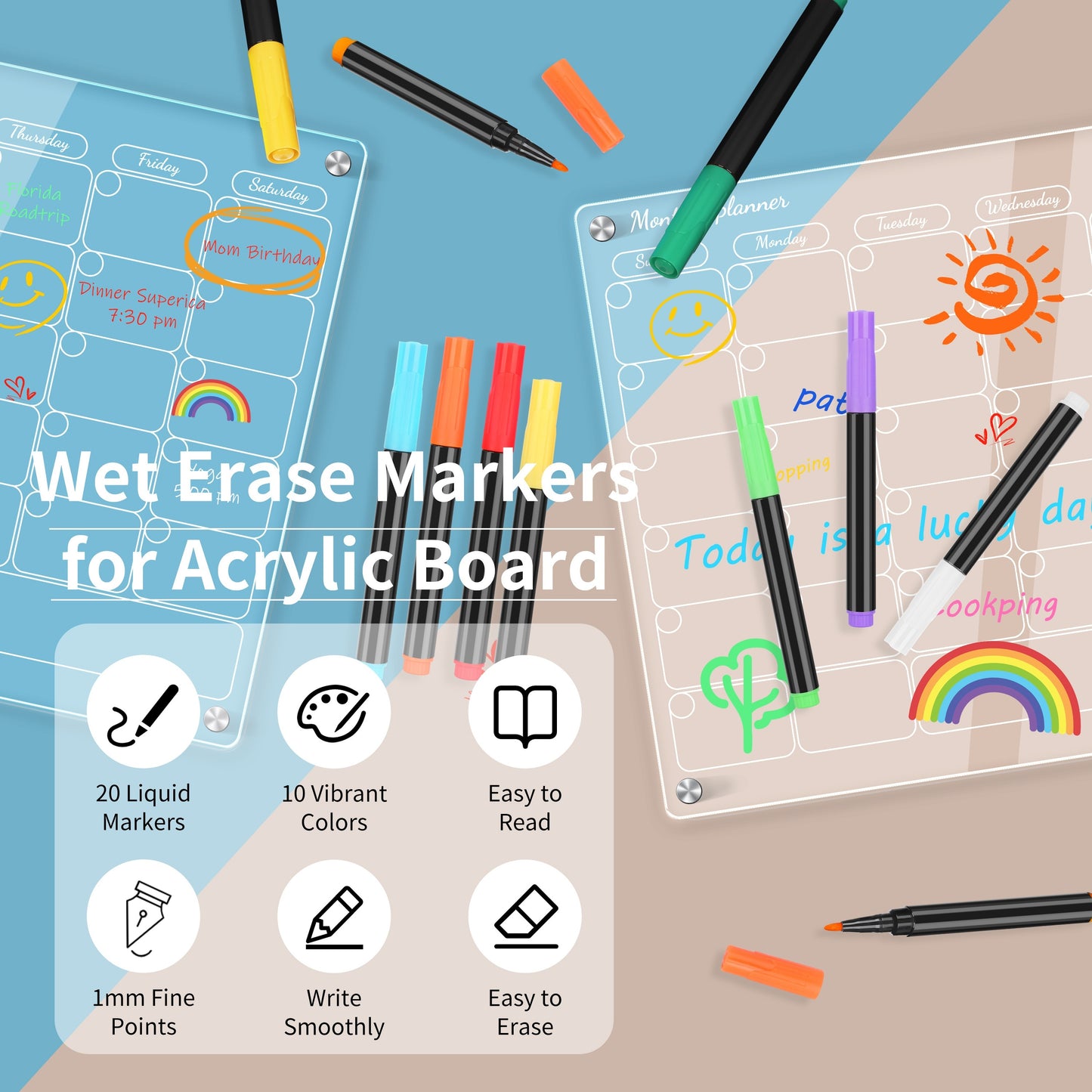 20 Vibrant Liquid Chalk Markers - Ultra Fine Point, Erasable, Wet Erase, Dry Erase Board Compatible, Non-Toxic, Quick-Drying, and Reversible for Acrylic Fridge Calendar, Clear Glass, Refrigerator White Board, Mirror, and Wind