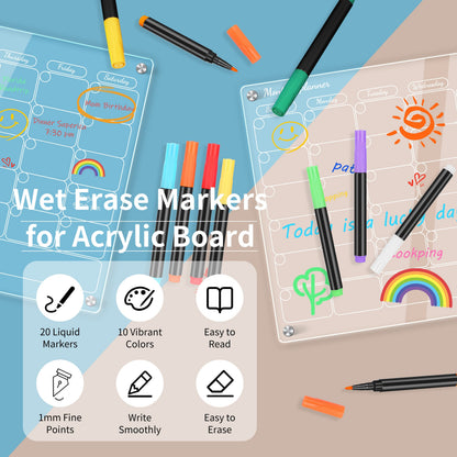 20 Vibrant Liquid Chalk Markers - Ultra Fine Point, Erasable, Wet Erase, Dry Erase Board Compatible, Non-Toxic, Quick-Drying, and Reversible for Acrylic Fridge Calendar, Clear Glass, Refrigerator White Board, Mirror, and Wind