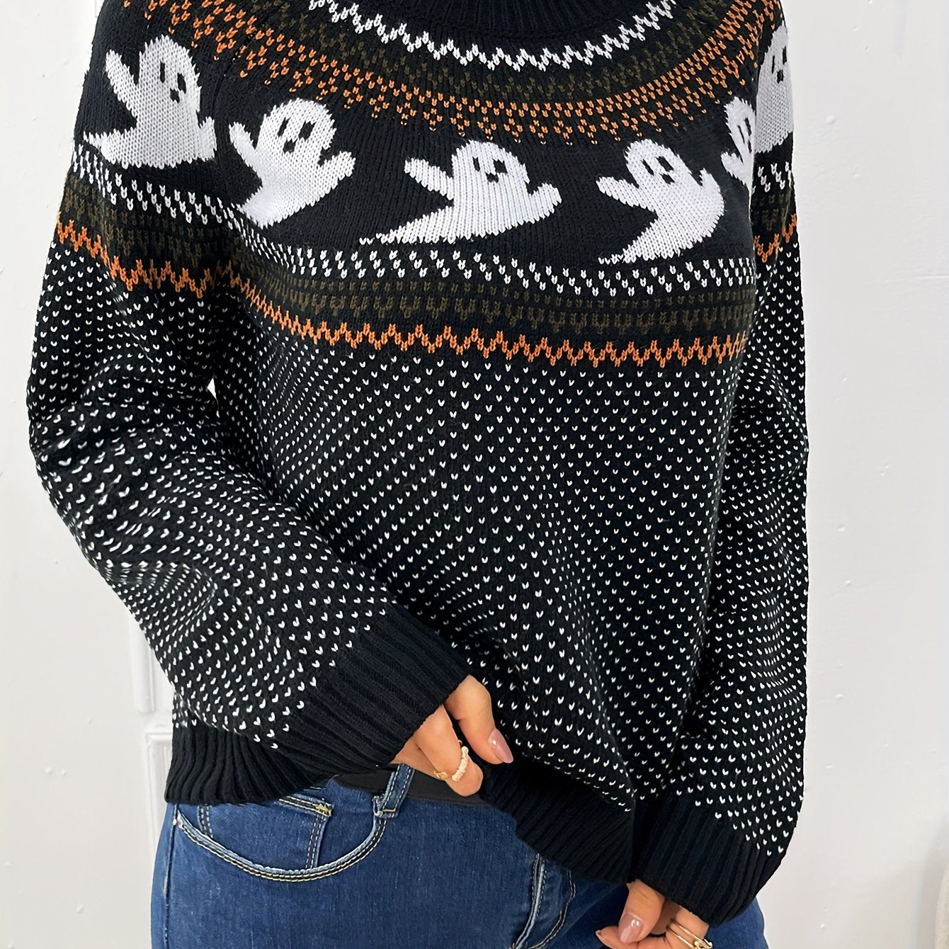 Womens Halloween Ghost Pattern Sweater - Fashionable Long Sleeves, Cozy Crew Neck, Timeless Vintage Style - Premium Autumn/Winter Clothing