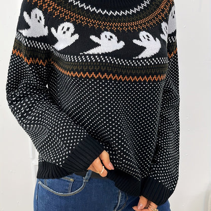 Womens Halloween Ghost Pattern Sweater - Fashionable Long Sleeves, Cozy Crew Neck, Timeless Vintage Style - Premium Autumn/Winter Clothing