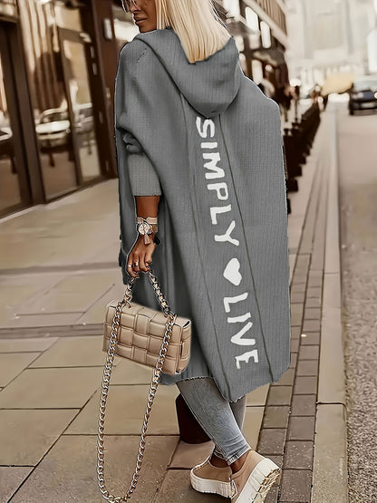100% Polyester Long Sleeve V-Neck Hooded Knit Cardigan - Women's Casual Sweater with Pocket - Alphabet Pattern Fall/Winter Clothing