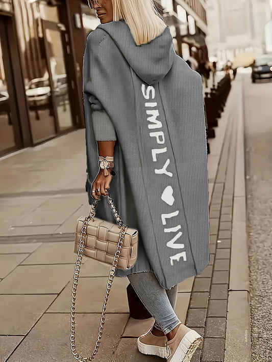 100% Polyester Long Sleeve V-Neck Hooded Knit Cardigan - Women's Casual Sweater with Pocket - Alphabet Pattern Fall/Winter Clothing