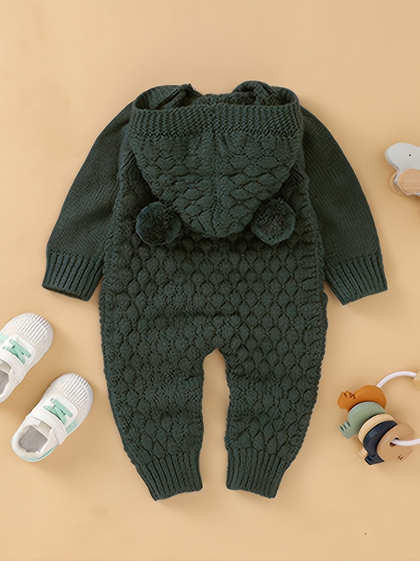 Baby 3D Pom-Pom Hooded Knit Jumpsuit - Soft Green Acrylic Romper with Ruffled Sleeves & Cuffs, Unisex Winter Outfit for &, Baby Winter Clothes, Cozy Baby Wear, Playful Baby Design, Comfortable Snap Closures, Perfect for Outdo