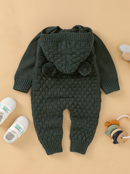 Baby 3D Pom-Pom Hooded Knit Jumpsuit - Soft Green Acrylic Romper with Ruffled Sleeves & Cuffs, Unisex Winter Outfit for &, Baby Winter Clothes, Cozy Baby Wear, Playful Baby Design, Comfortable Snap Closures, Perfect for Outdo