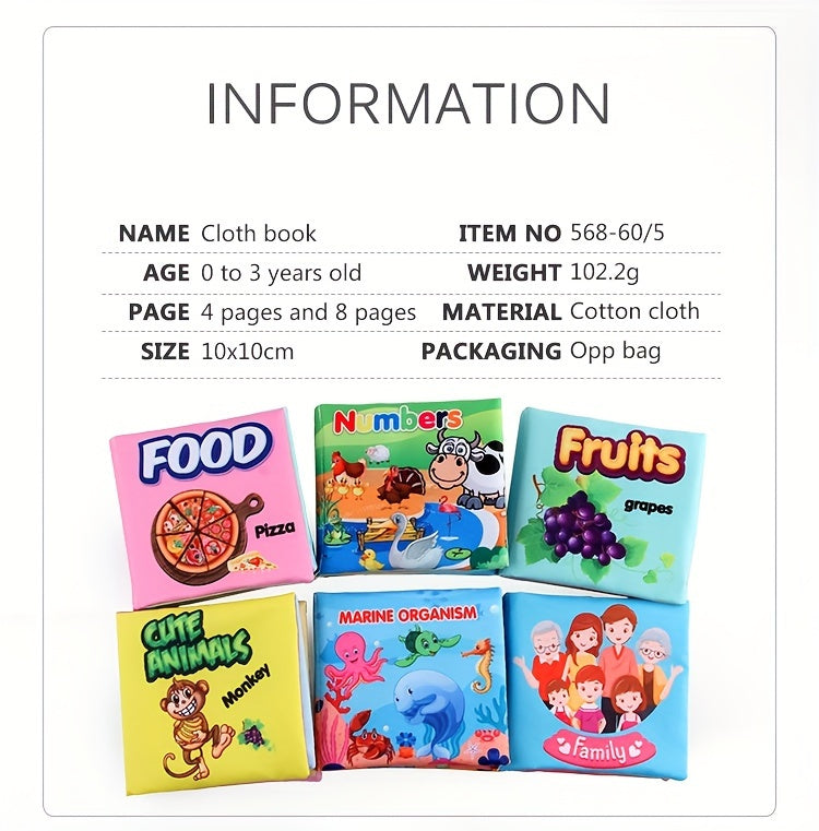 A Set Of 6 Cloth Book Baby Cloth Books Set, Wild Animal Cloth Book, Sea Animal Cloth Book, Fruit Cloth Book, Food Cloth Book Ocean Cloth Book, Character Cloth Book, Early Education Baby Toy Soft Book