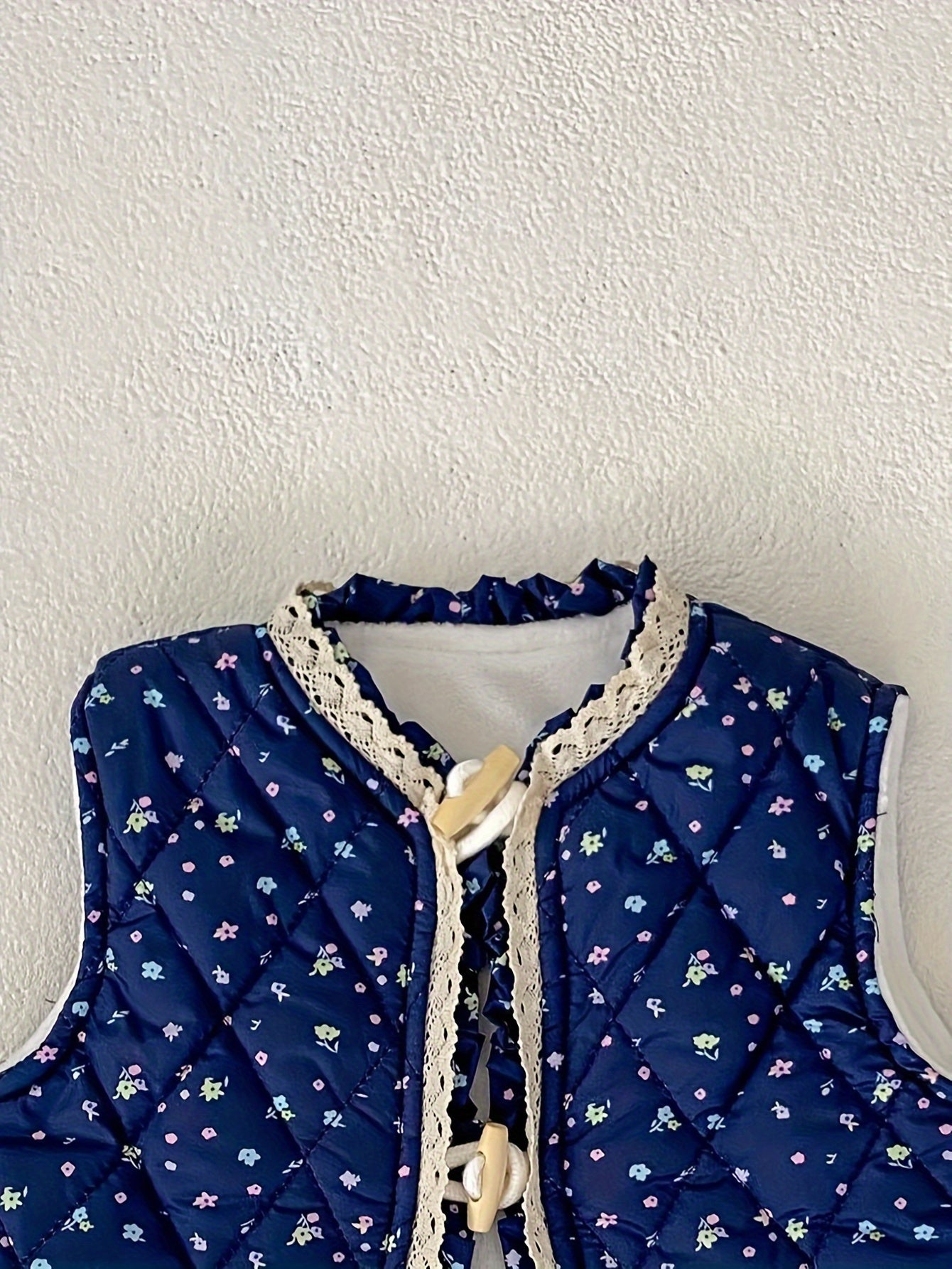 Unisex Winter Vest Jacket - Thick Warm Floral Print with Lace Trim & Cotton Padding, Sleeveless Button Front Closure, Navy Blue & White for &, Winter Clothes