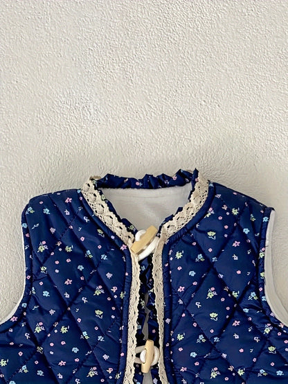 Unisex Winter Vest Jacket - Thick Warm Floral Print with Lace Trim & Cotton Padding, Sleeveless Button Front Closure, Navy Blue & White for &, Winter Clothes