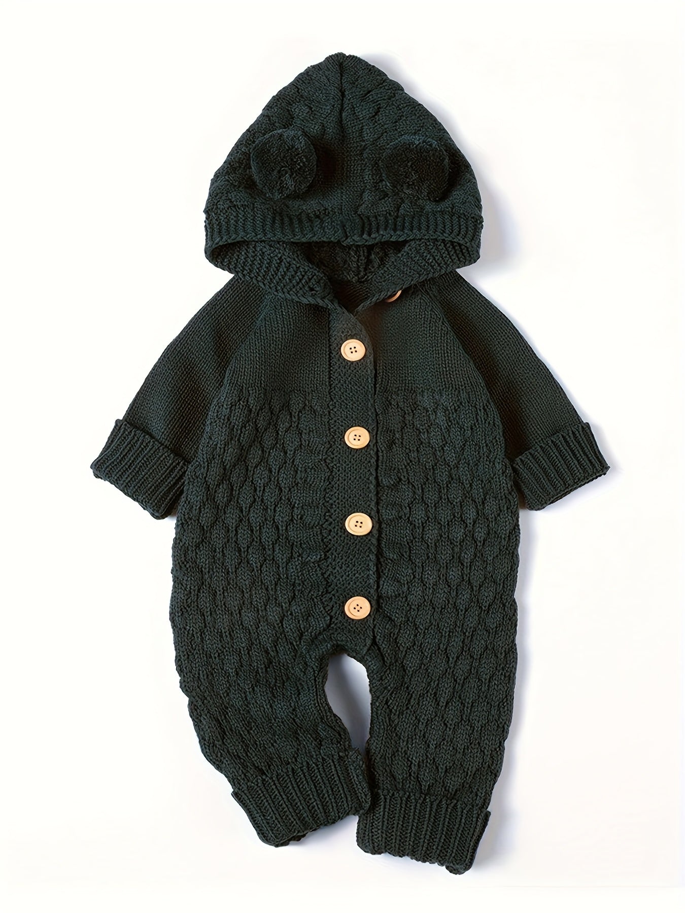 Baby 3D Pom-Pom Hooded Knit Jumpsuit - Soft Green Acrylic Romper with Ruffled Sleeves & Cuffs, Unisex Winter Outfit for &, Baby Winter Clothes, Cozy Baby Wear, Playful Baby Design, Comfortable Snap Closures, Perfect for Outdo