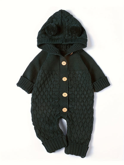 Baby 3D Pom-Pom Hooded Knit Jumpsuit - Soft Green Acrylic Romper with Ruffled Sleeves & Cuffs, Unisex Winter Outfit for &, Baby Winter Clothes, Cozy Baby Wear, Playful Baby Design, Comfortable Snap Closures, Perfect for Outdo